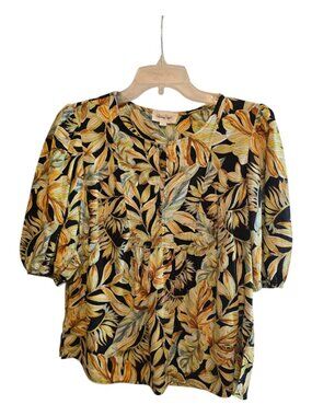 PANAMA JACK SIZE LARGE TROPICAL LEAF PRINT LINEN BLEND TOP CASUAL VACATION
